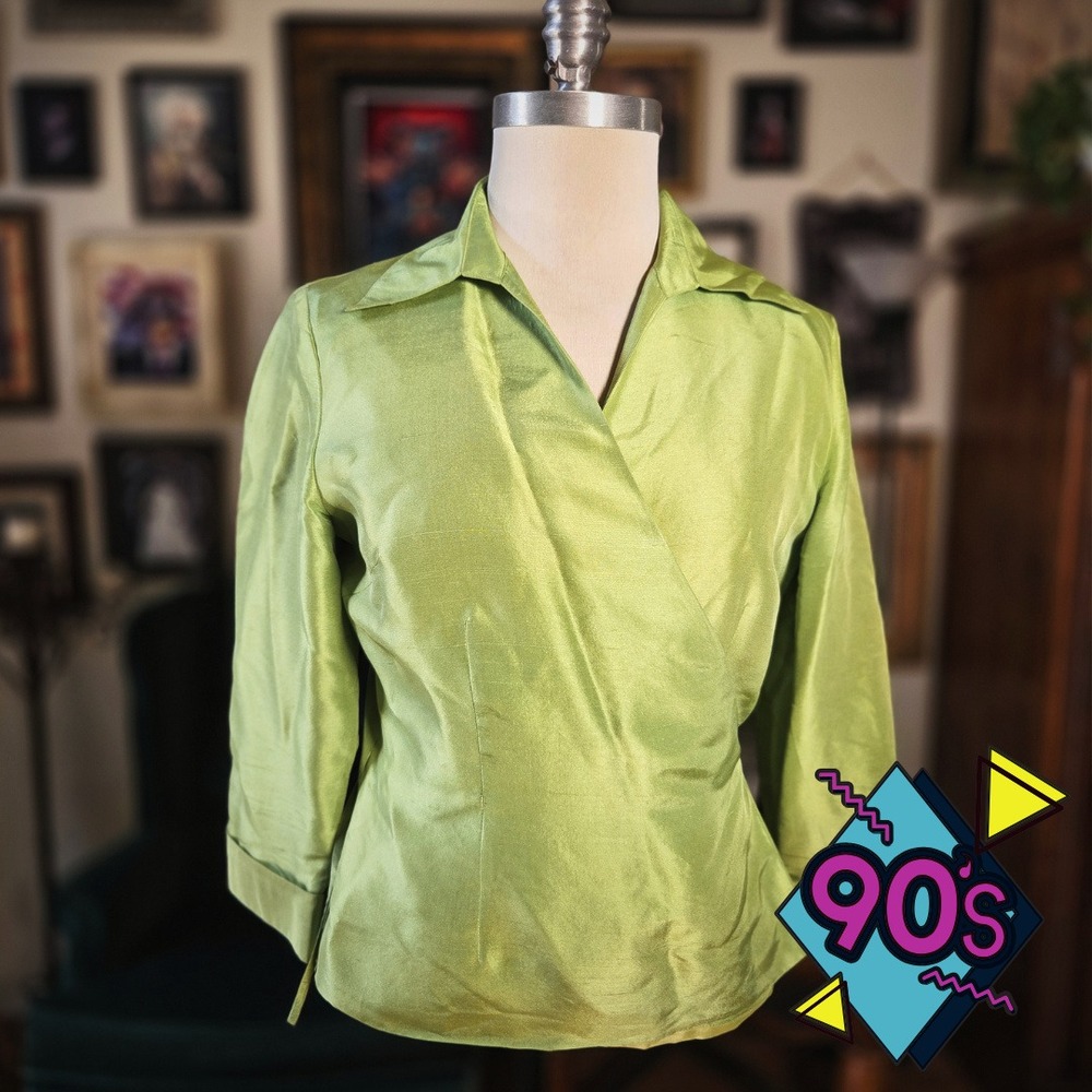 Blouse August Silk Vintage 90s Lime Green Wrap Top 100% Silk Shirt Womens Size 6